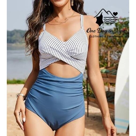 Eomenie Cross Front Tie Back Cut Out One Piece Swimsuit Size M - Picture 1 of 7